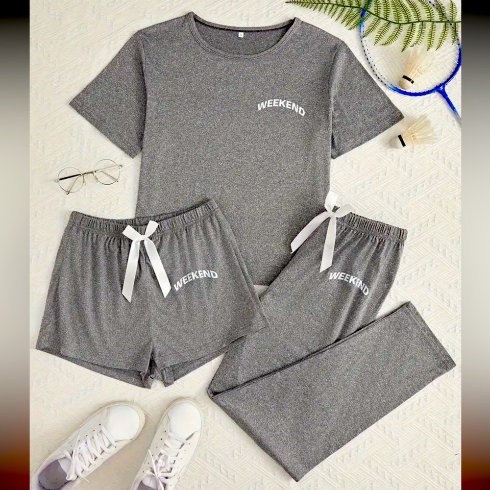 NEW 3-Piece Loungewear, PJ Set, Top, Shorts & Pants w/ WEEKEND" Print L